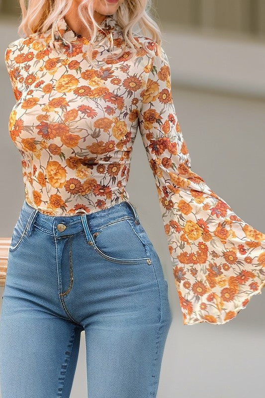 Floral Bell Sleeve Mock Neck Blouse β Whimsical Elegance πΈ