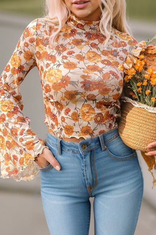 Floral Bell Sleeve Mock Neck Blouse β Whimsical Elegance πΈ