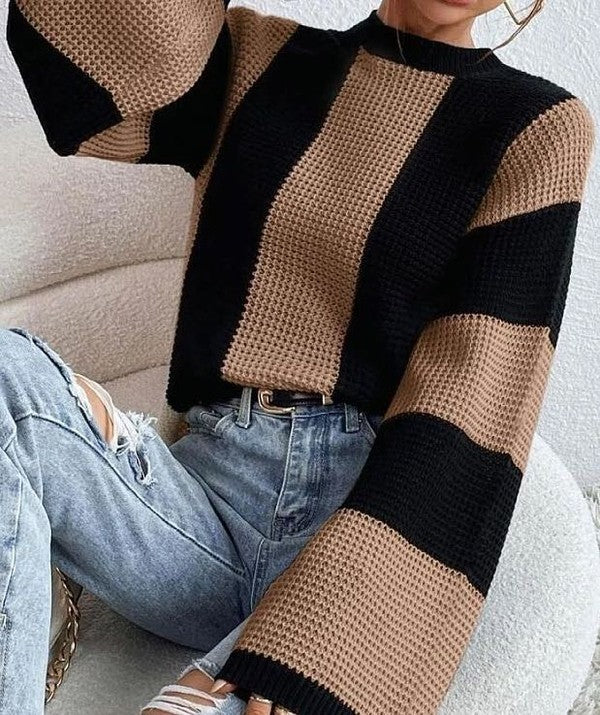 Color Block Striped Bell Sleeve Sweater – Bold & Cozy 🎨✨