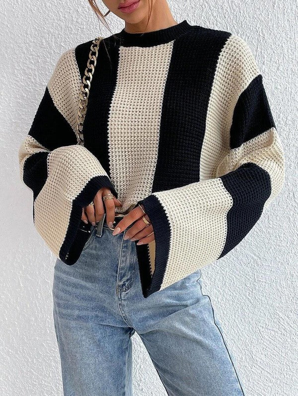 Color Block Striped Bell Sleeve Sweater – Bold & Cozy 🎨✨