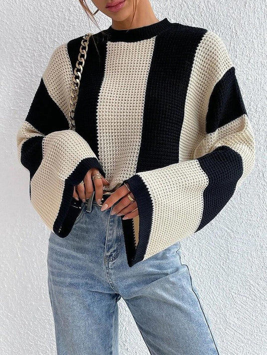 Color Block Striped Bell Sleeve Sweater – Bold & Cozy 🎨✨