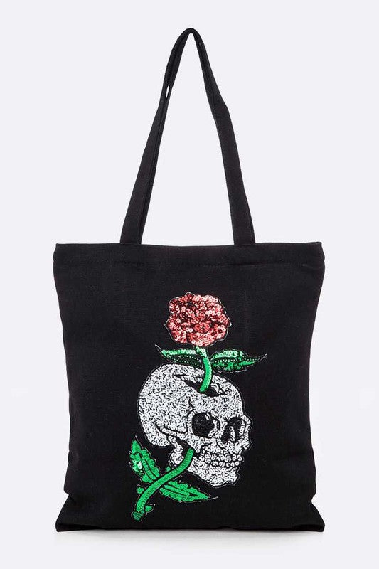 Skull & Rose Sequin Canvas Tote – Edgy Style Meets Everyday Functionality 💀🌹