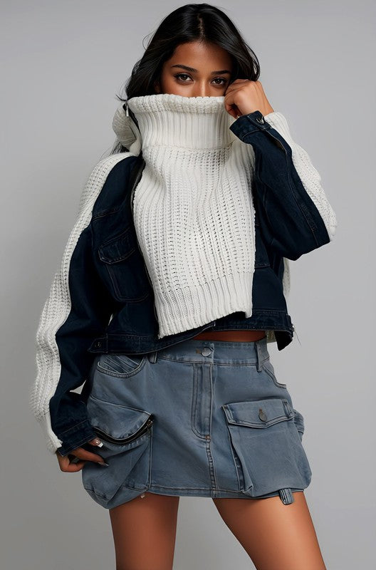 Denim & Knit Multi-Fabric Jacket – Cozy Meets Cool 🧥