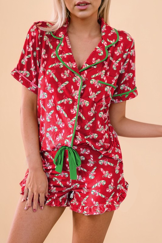 Christmas Candy Cane Print Knotted Pajama Set – Festive Comfort Meets Playful Style