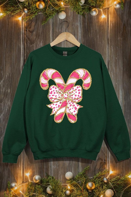 Faux Glitter Coquette Candy Cane Graphic Sweatshirt – Sweeten Your Winter Wardrobe