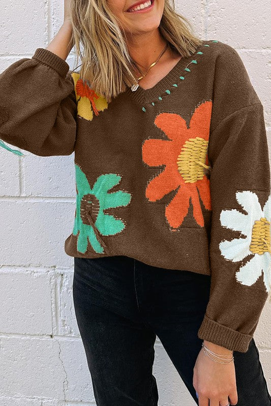 Women’s Floral V-Neck Drop Shoulder Sweater – Bold, Cozy, and Beautiful 🌸✨