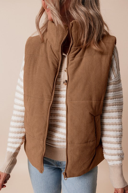 Coffee Corduroy Stand Neck Zipped Puffer Vest – Cozy Elegance with a Modern Edge ☕✨